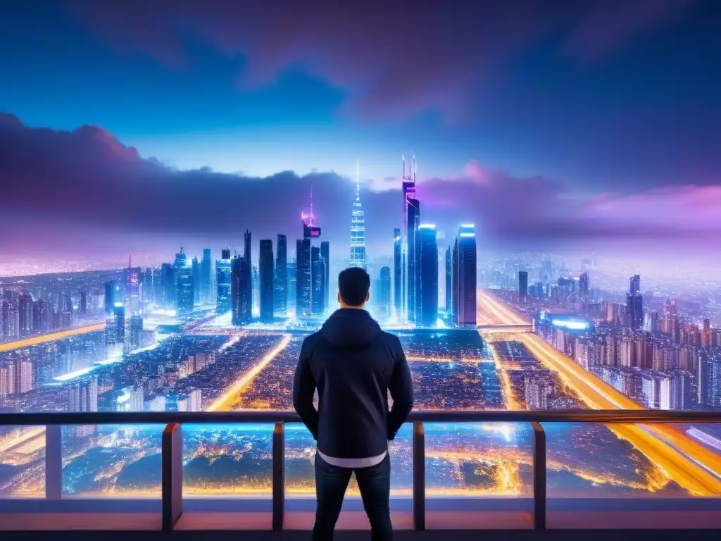 Metrópolis futurista: visión nocturna de progreso y tecnología Una ciudad futurista con rascacielos imponentes y luces de neón, reflejo de proyectos rentables en terrenos internacionales