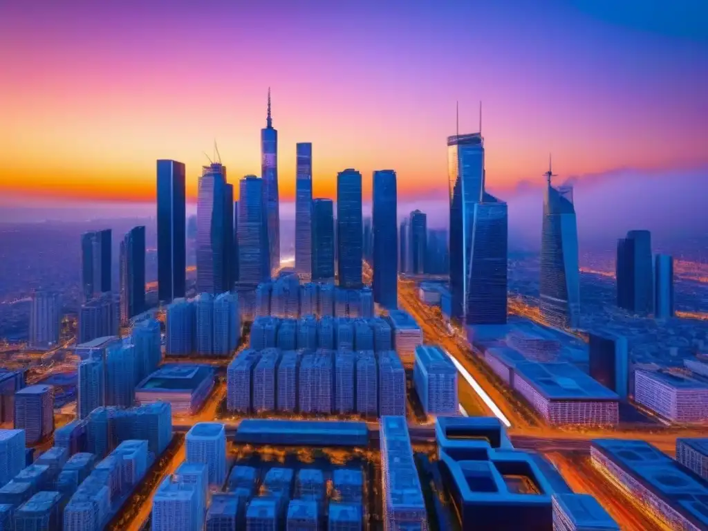 Metrópolis futurista con PropTech innovador en atardecer Una ciudad futurista al anochecer con rascacielos innovadores de PropTech en mercado inmobiliario internacional