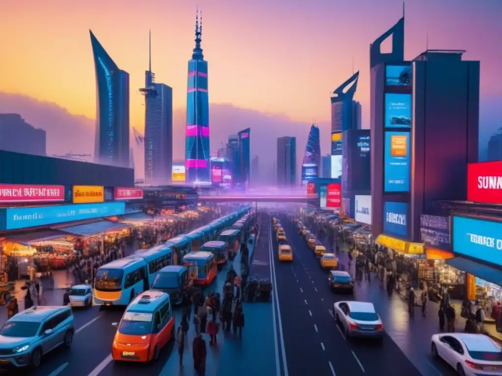 Metrópolis futurista: luces neón y autos autónomos en armonía urbana Una ciudad futurista al anochecer, con rascacielos innovadores iluminados por luces neón vibrantes, reflejando el impacto de políticas en el mercado inmobiliario