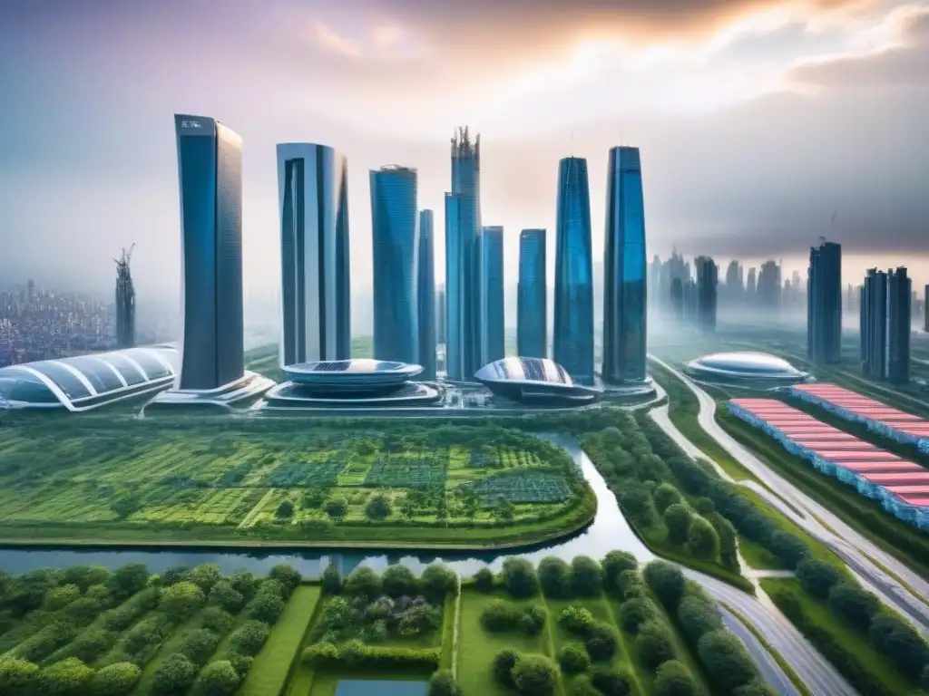 Metrópolis del futuro: arquitectura sostenible y vida urbana próspera Una ciudad futurista con rascacielos innovadores y soluciones de vivienda sostenible integradas en armonía