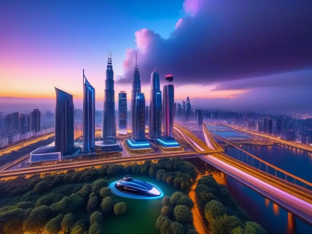Metrópolis futurista: atardecer en una ciudad innovadora Una ciudad futurista al anochecer, con rascacielos innovadores iluminados por luces neón, simbolizando la transición hacia tecnología avanzada en desarrollo urbano