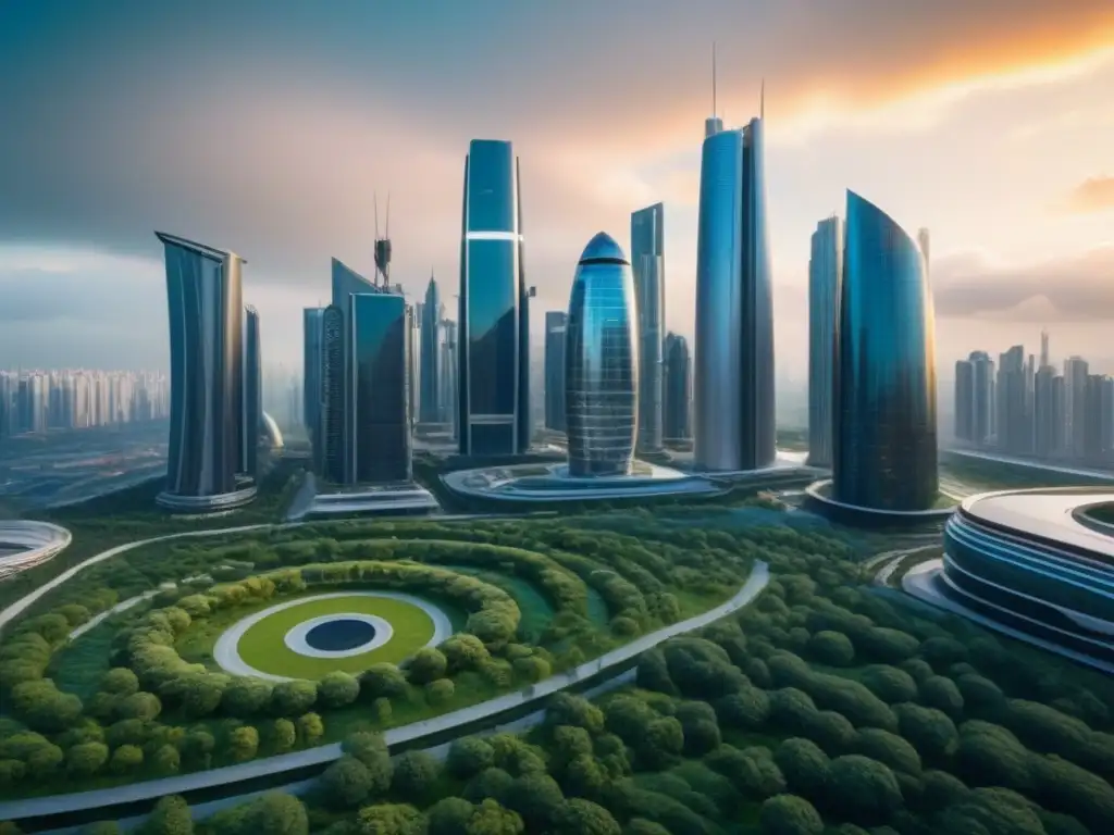 Metrópolis futurista: arquitectura innovadora entre naturaleza y tecnología Una ciudad futurista con rascacielos innovadores rodeados de vegetación, reflejando la protección de derechos en el mercado inmobiliario