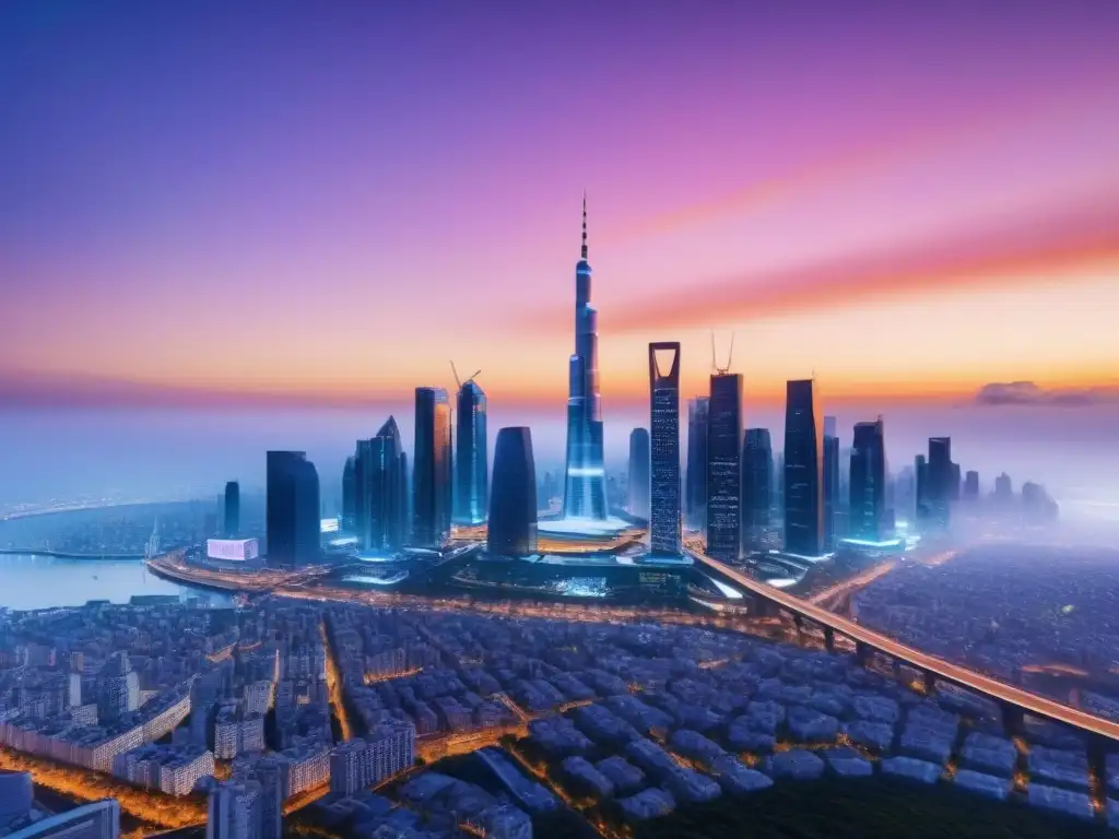 Horizonte futurista: atardecer en metrópolis vibrante de 8k Una ciudad futurista con rascacielos innovadores reflejando luces vibrantes al atardecer