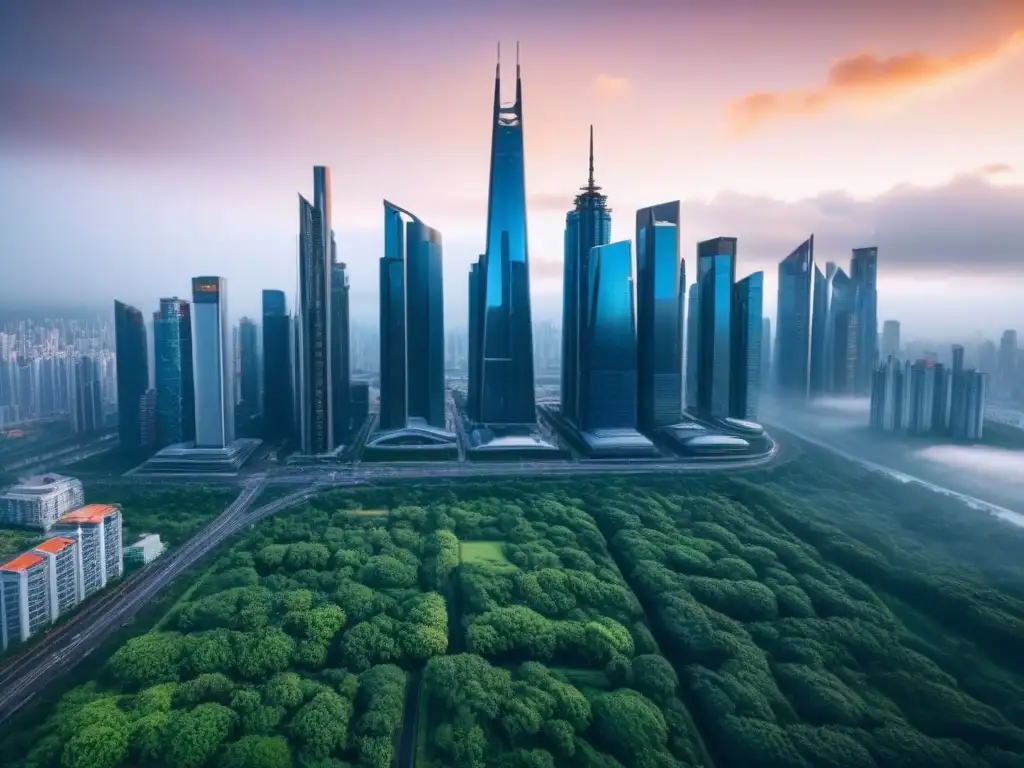 Metrópolis futurista: paisaje urbano innovador y natural en 8k Una ciudad futurista con rascacielos innovadores rodeados de vegetación, tecnología y progreso