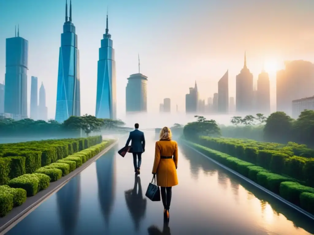 Metrópolis futurista: armonía entre naturaleza y tecnología Una ciudad futurista con rascacielos innovadores rodeados de parques verdes y un río
