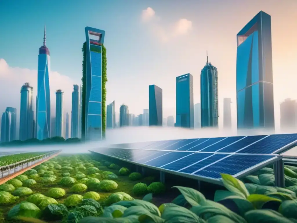 Cityscape futurista: arquitectura sostenible con nanotecnología Una ciudad futurista con rascacielos integrados con la naturaleza, destacando nanoestructuras avanzadas para la sostenibilidad