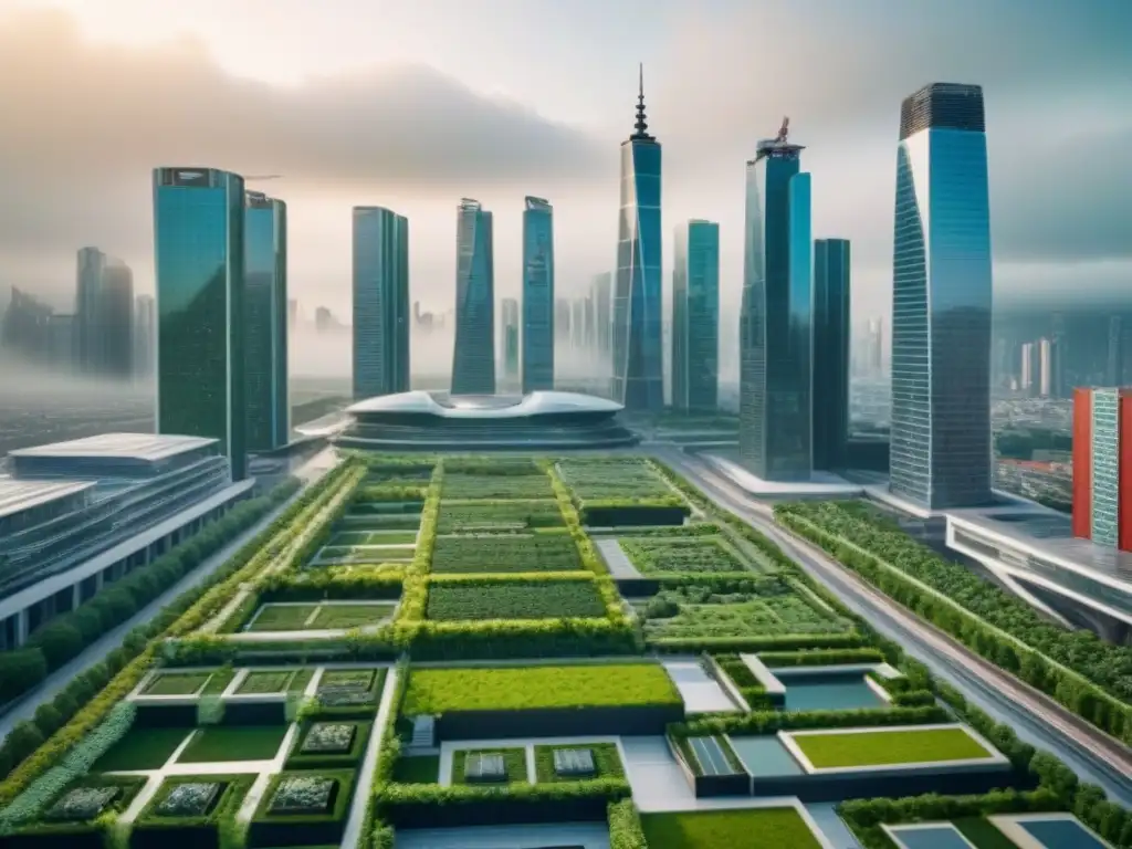 Metrópolis futurista: arquitectura ecológica y tecnología avanzada Una ciudad futurista con rascacielos integrados en espacios verdes, tecnología avanzada y sinergias postfusión en propiedades