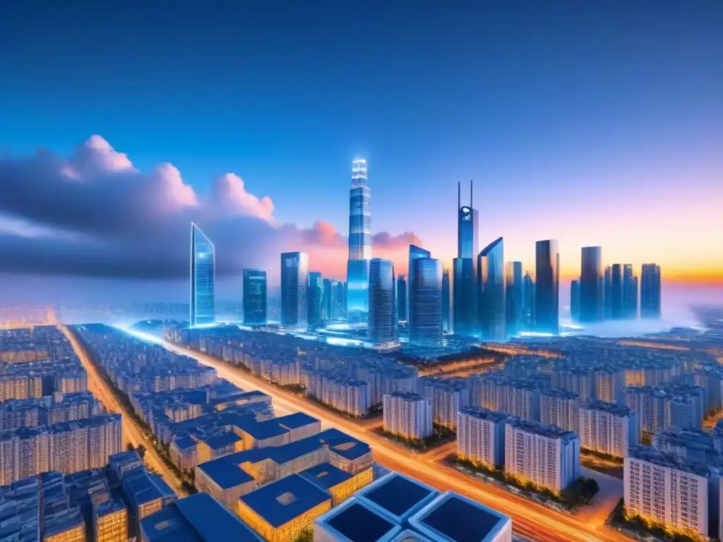 Metrópolis futurista: torres blockchain iluminadas Una ciudad futurista con rascacielos interconectados por cadenas de blockchain, reflejando la integración de contratos inteligentes en transacciones inmobiliarias