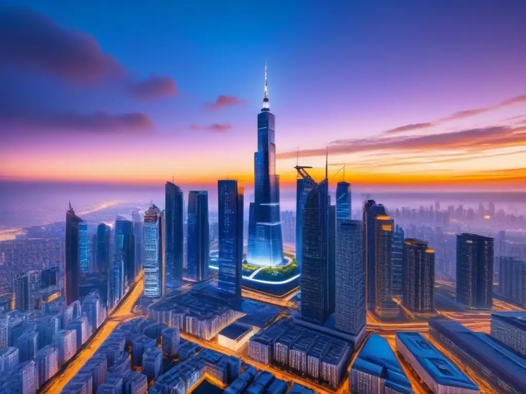 Skyline futurista con blockchain en crowdfunding inmobiliario Una ciudad futurista con rascacielos interconectados por patrones de blockchain, reflejando la fusión de tecnología y desarrollo urbano en crowdfunding inmobiliario