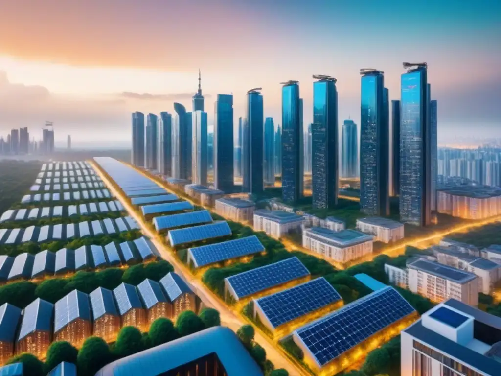 Metrópolis futurista: transacciones inmobiliarias en blockchain Una ciudad futurista con rascacielos interconectados muestra transacciones inmobiliarias en blockchain