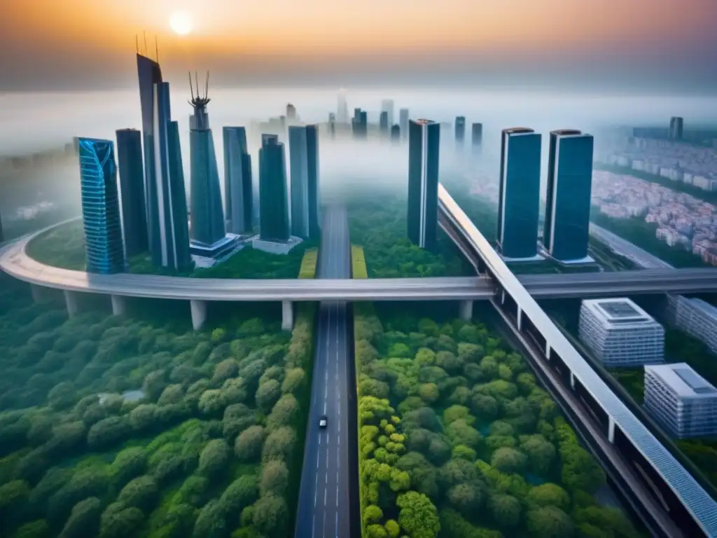 Metrópolis futurista: diseño ecofriendly con vistas aéreas impresionantes Una ciudad futurista con rascacielos interconectados por puentes aéreos, bañada por la luz del atardecer