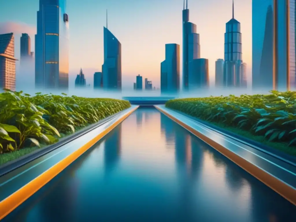 Futurista ciudad de rascacielos interconectados Una ciudad futurista con rascacielos interconectados por pasarelas de vidrio, iluminada por un cálido atardecer