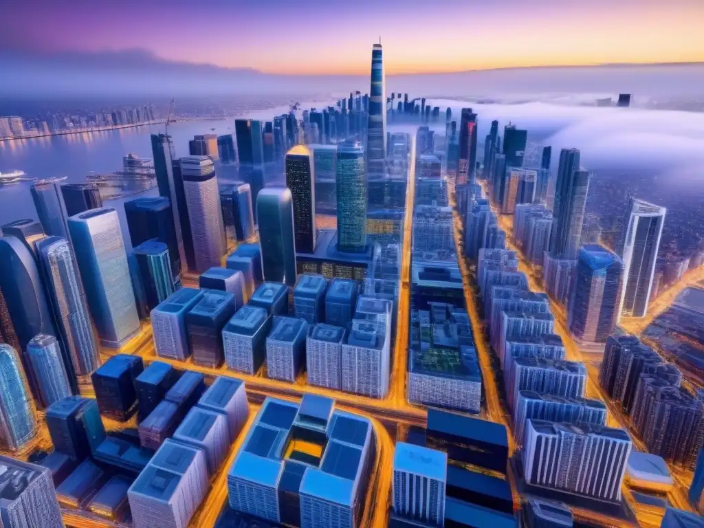 Metropolis futurista: real estate con tecnología avanzada Una ciudad futurista con rascacielos modernos y tecnología avanzada integrada, mostrando tendencias de inversión inmobiliaria internacional