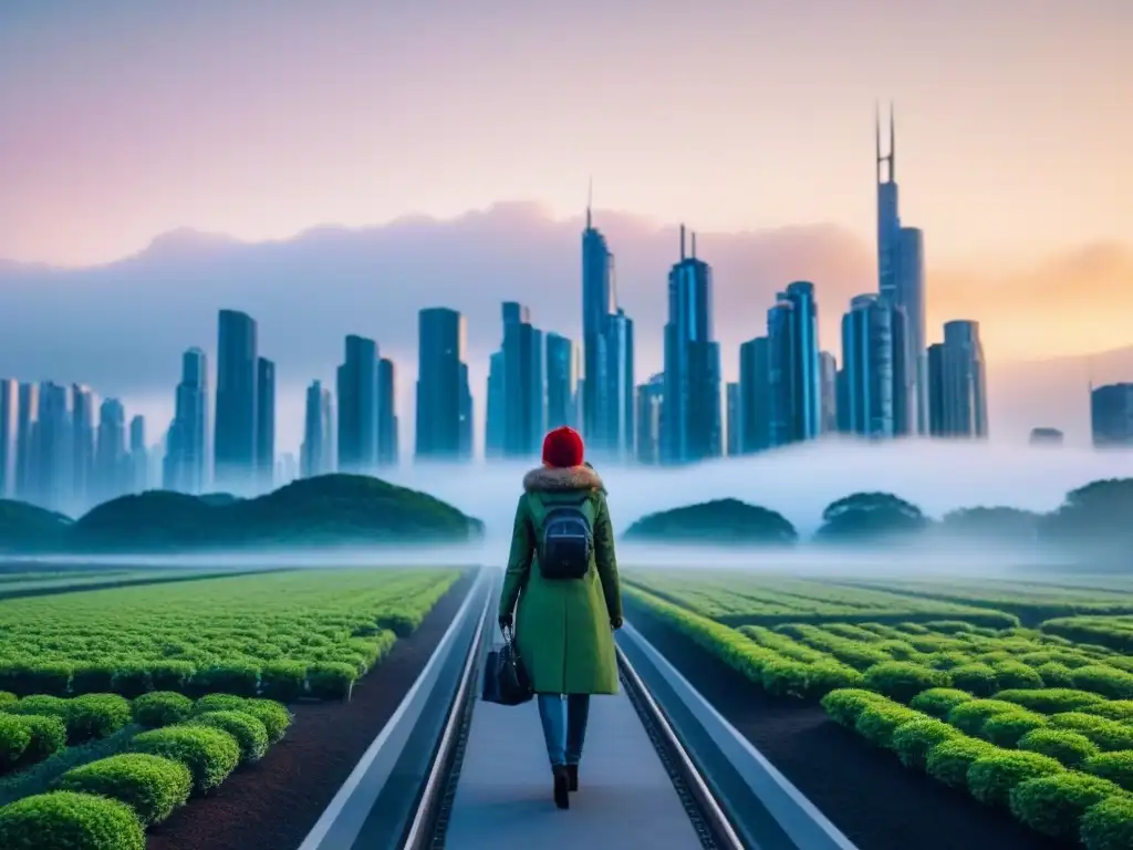 Una ciudad futurista con rascacielos modernos y espacios verdes, destacando la armonía entre la naturaleza y la tecnología al atardecer