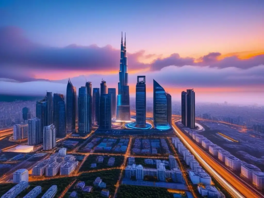 Metrópolis futurista: arquitectura innovadora y sostenible Una ciudad futurista con rascacielos modernos reflejando los colores de un vibrante atardecer, mostrando innovación arquitectónica y sofisticación urbana, con un equilibrio armonioso entre progreso y estándares éticos en la industria inmobiliaria