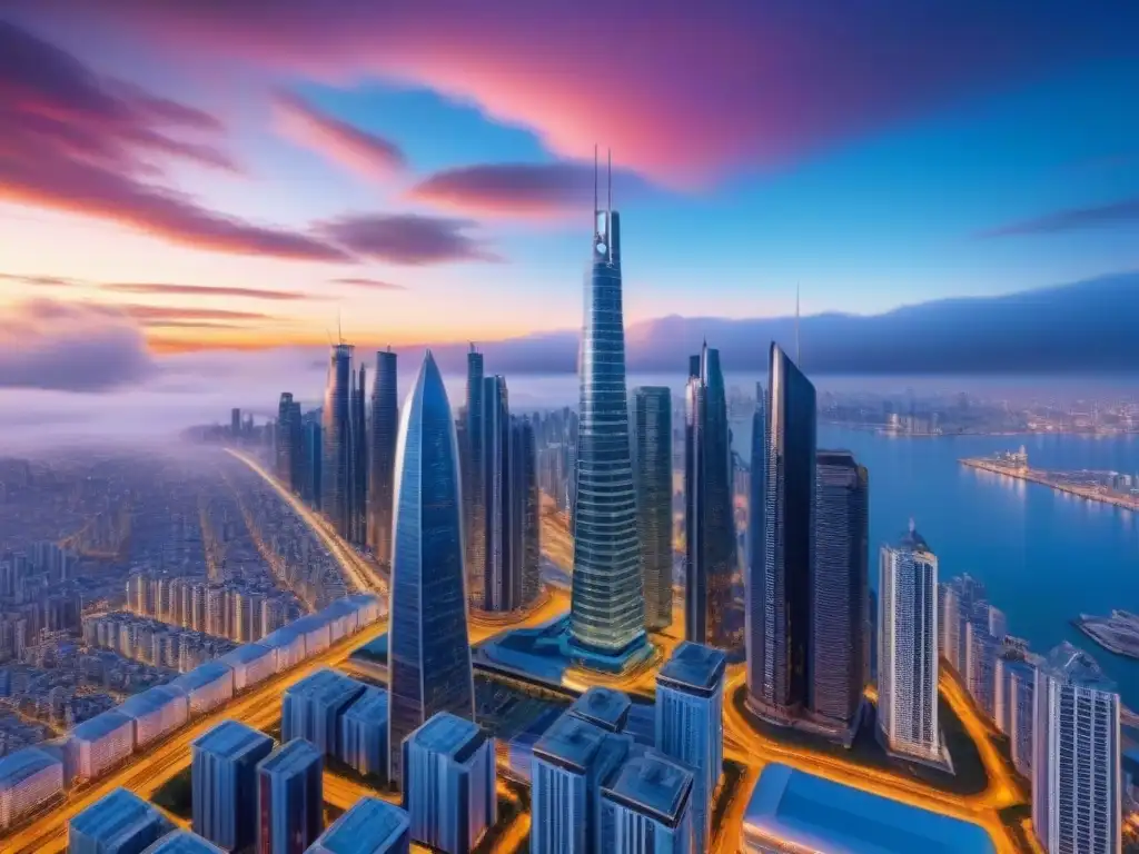 Metrópolis futurista: atardecer vibrante en una ciudad de diseño innovador Una ciudad futurista de rascacielos modernos reflejando el atardecer, simbolizando tendencias M&A bienes raíces internacionales