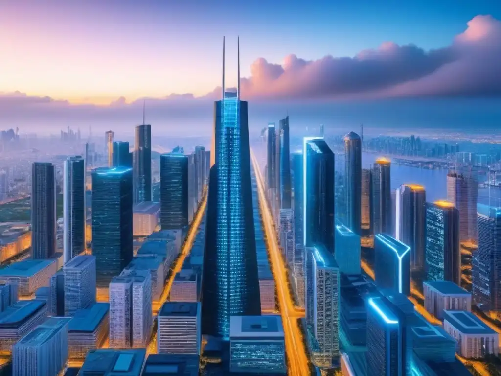Metrópolis futurista integrada con blockchain en 8k Una ciudad futurista con rascacielos modernos integrados con tecnología blockchain en mercado inmobiliario