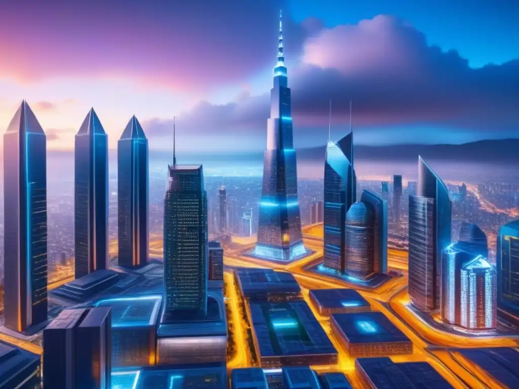 Metrópolis futurista: inversión inmobiliaria y blockchain Una ciudad futurista con rascacielos modernos conectados por líneas de tecnología blockchain, iluminados con oportunidades de inversión