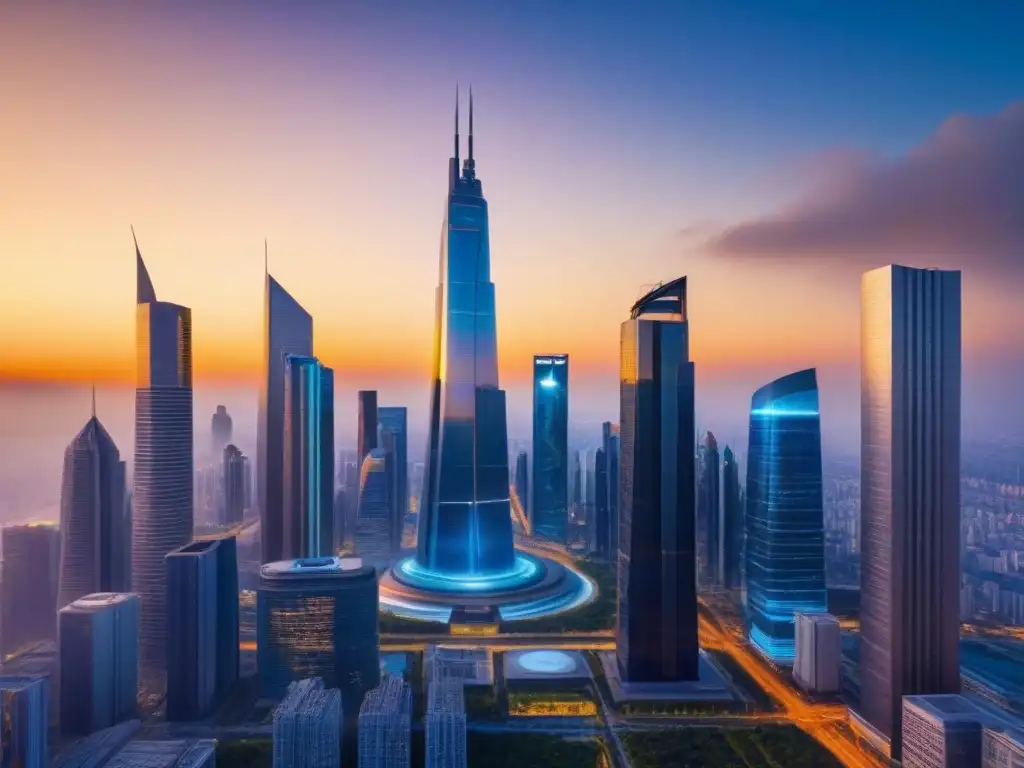 Panorámica futurista de ciudad moderna al atardecer Una ciudad futurista con rascacielos modernos reflejando la luz dorada del atardecer