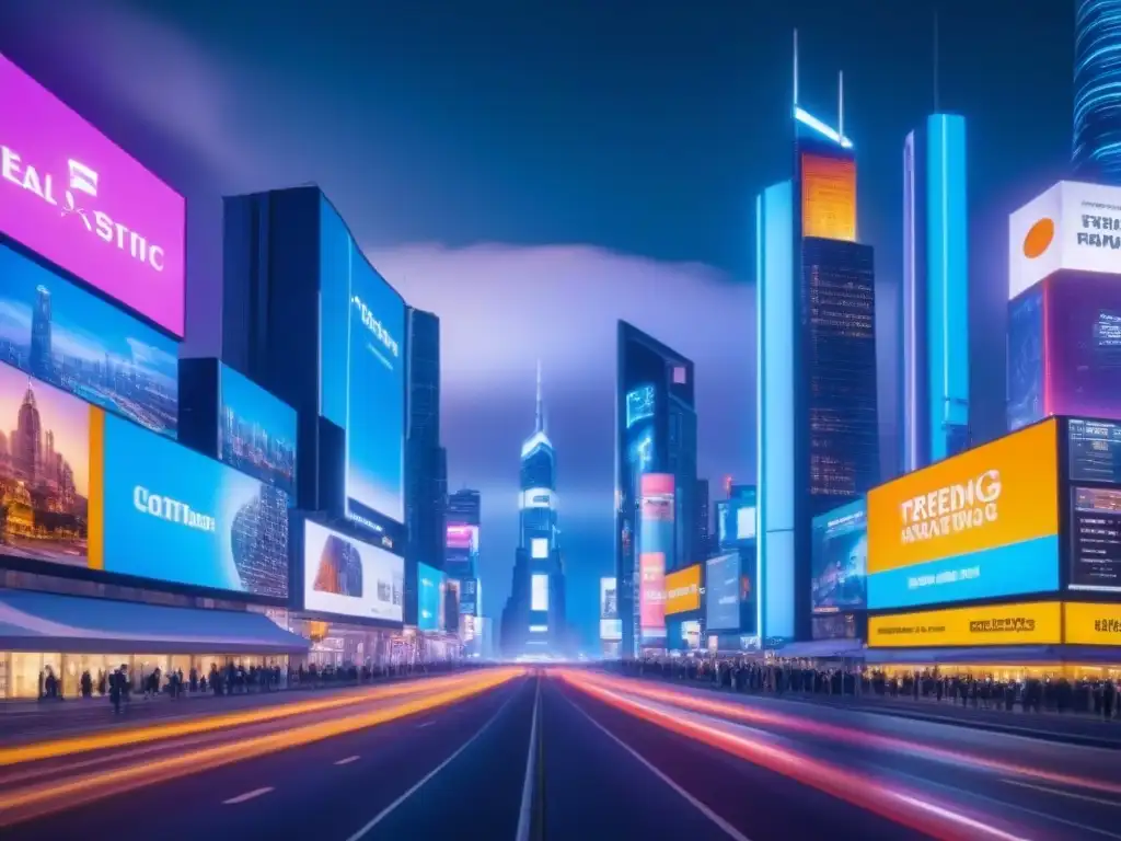 Metrópolis futurista: real estate de vanguardia en 8k Una ciudad futurista con rascacielos modernos y vallas publicitarias de Marketing inmobiliario personalizado global, iluminada por luces de neón
