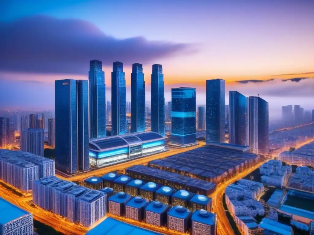 Metrópolis futurista: seguridad y tecnología en rascacielos iluminados Una ciudad futurista al anochecer, con rascacielos modernos y sistemas de seguridad integrados