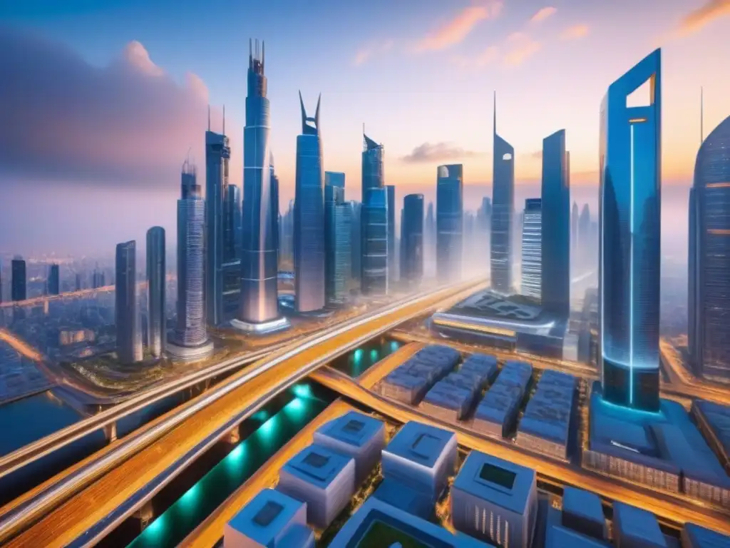 Metrópolis futurista: inversión inmobiliaria y tecnología avanzada Una ciudad futurista con rascacielos modernos y tecnología avanzada integrada en la infraestructura