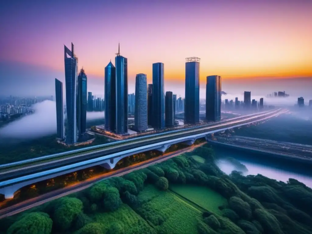 Metrópolis futurista: rascacielos, naturaleza y tecnología Una ciudad futurista con rascacielos, naturaleza y tecnología, bajo un atardecer vibrante
