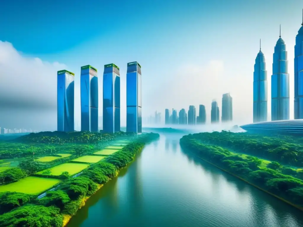 Futuro urbano: fusión arquitectura y naturaleza en mercados emergentes Una ciudad futurista con rascacielos que se fusionan con la naturaleza, reflejando la armonía entre urbanismo y entorno natural en mercados emergentes