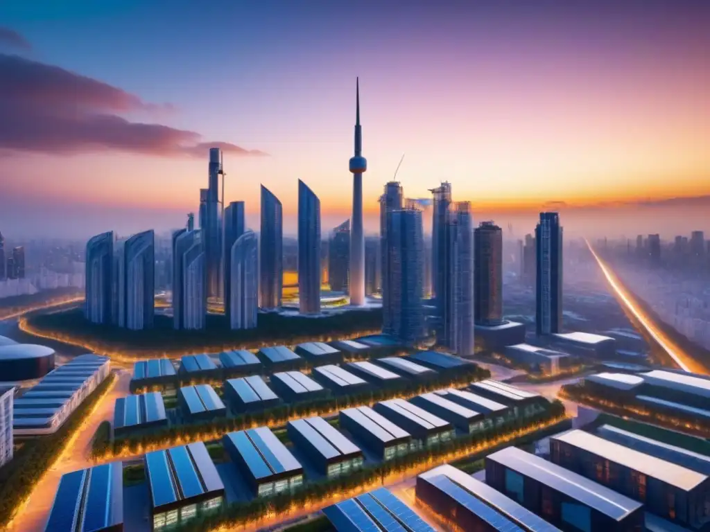 Cityscape futurista: arquitectura verde al atardecer Ciudad futurista con rascacielos integrando naturaleza y energía sostenible al atardecer