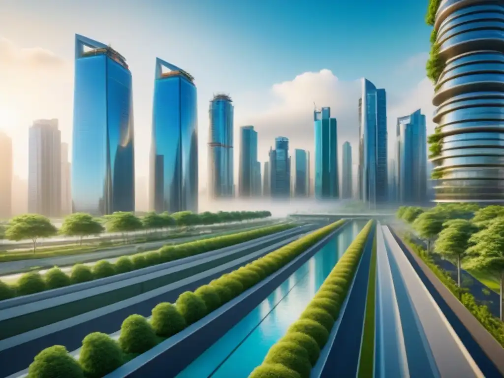 Una ciudad futurista con rascacielos y naturaleza, reflejando políticas de vivienda e inversión inmobiliaria