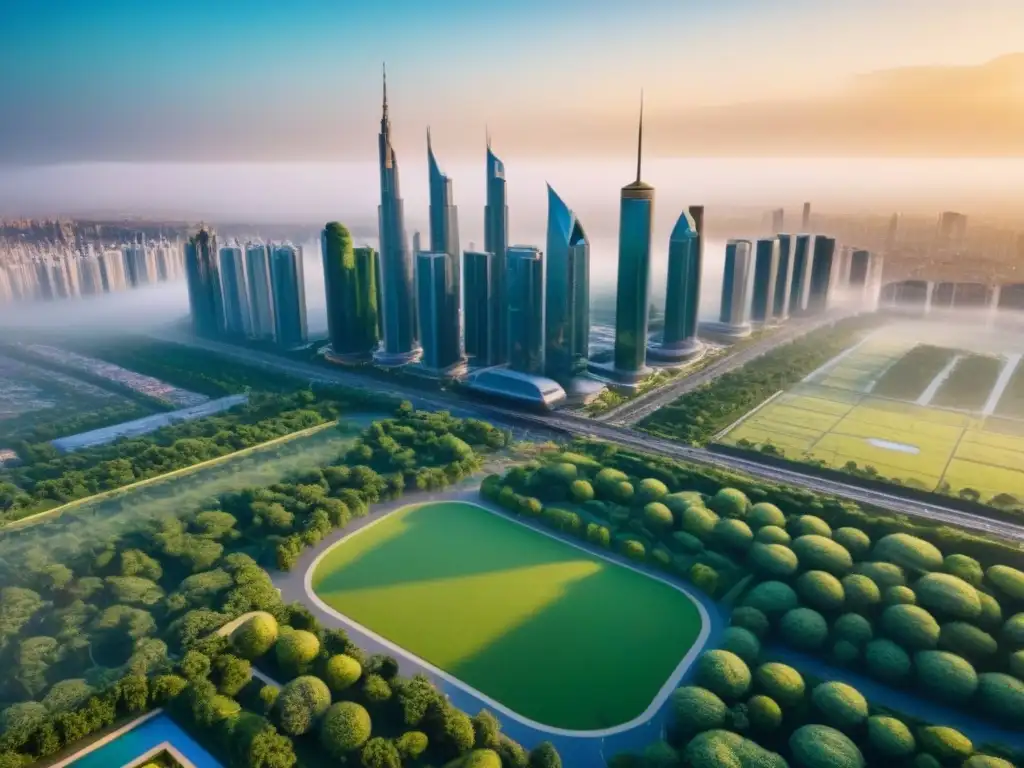 Metrópolis futurista: armonía entre naturaleza y tecnología Una ciudad futurista donde rascacielos se fusionan con parques verdes, bajo la luz dorada del atardecer