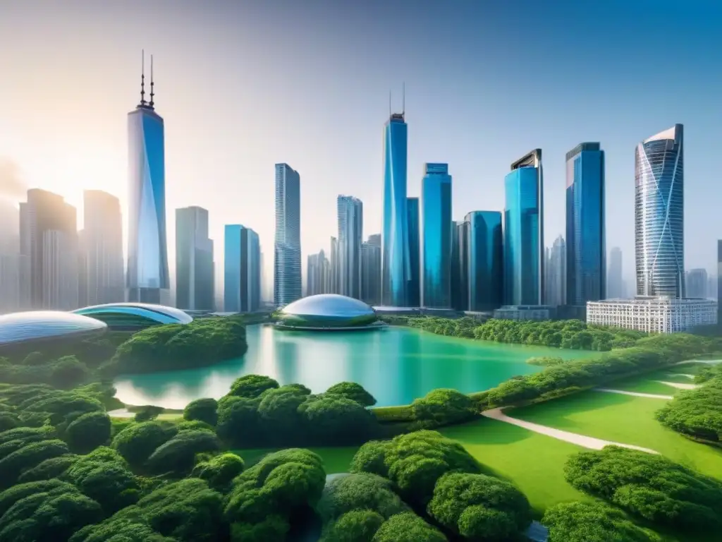 Metropolis futurista: simbiosis fintech y bienes raíces Una ciudad futurista con rascacielos y parques urbanos, reflejando la innovación y colaboración en la inversión global mercado inmobiliario