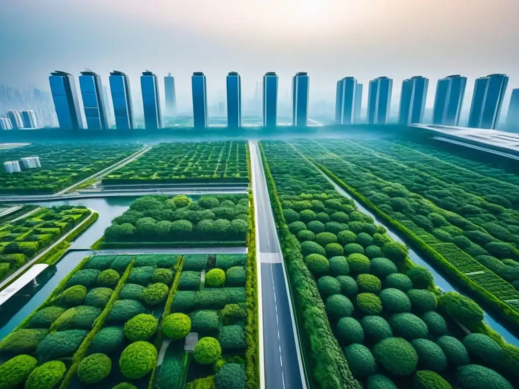 Metrópolis futurista: innovación arquitectónica y sostenibilidad en armonía Una ciudad futurista con rascacielos y puentes aéreos, integrando elementos sostenibles