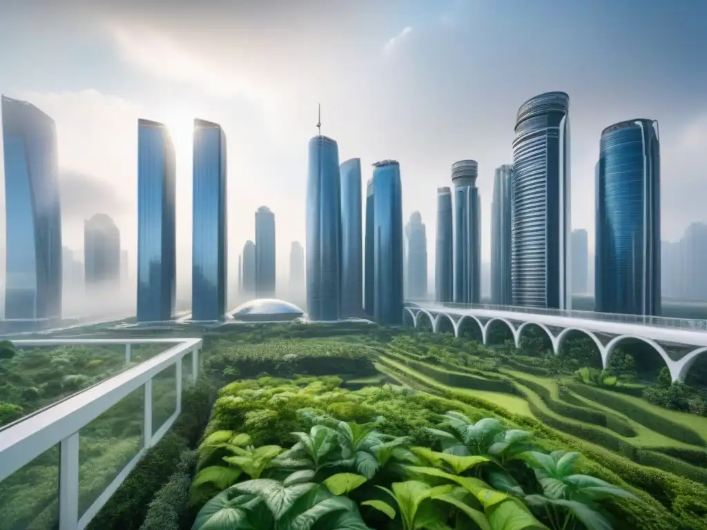 Metrópolis futurista: armonía entre tecnología y naturaleza Una ciudad futurista con rascacielos, puentes aéreos y naturaleza exuberante