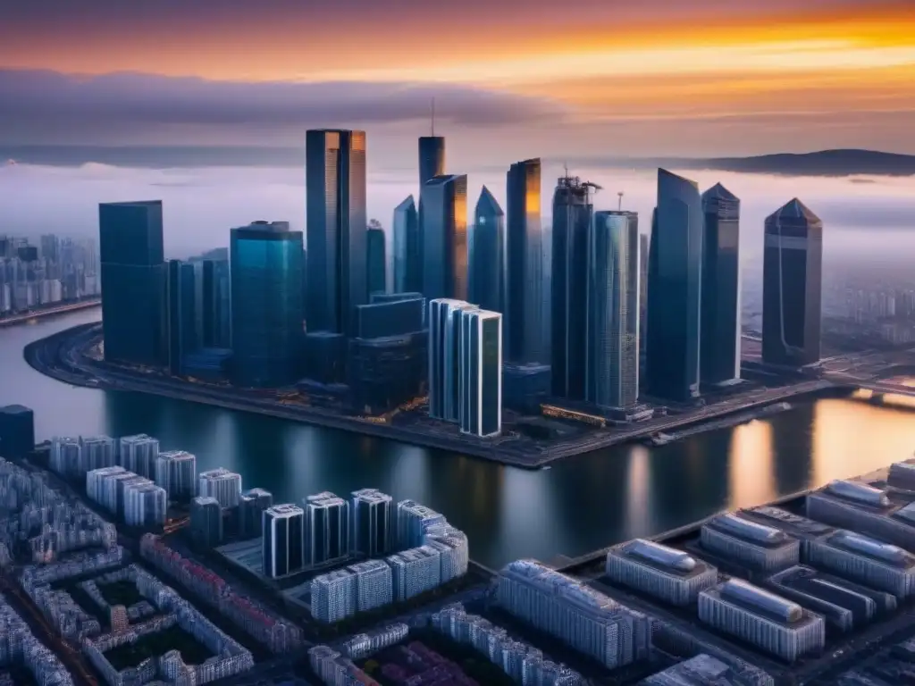 Metrópolis futurista al atardecer: arquitectura innovadora Una ciudad futurista con rascacielos reflectantes bajo el sol poniente, destacando un metrópolis bullicioso con infraestructura avanzada y diseños arquitectónicos innovadores, regulaciones tiempo compartido mercado inmobiliario