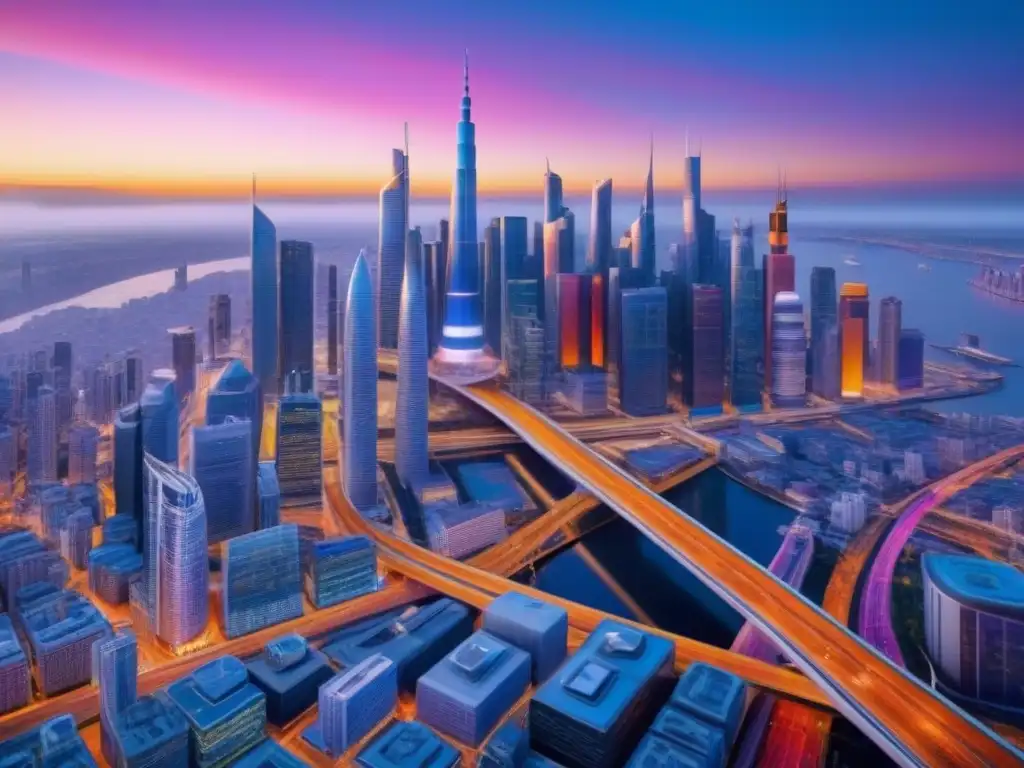 Futurismo urbano: ciudad 8k con rascacielos relucientes al atardecer Una ciudad futurista con rascacielos relucientes y tecnología avanzada en tecnologías emergentes inversión inmobiliaria global