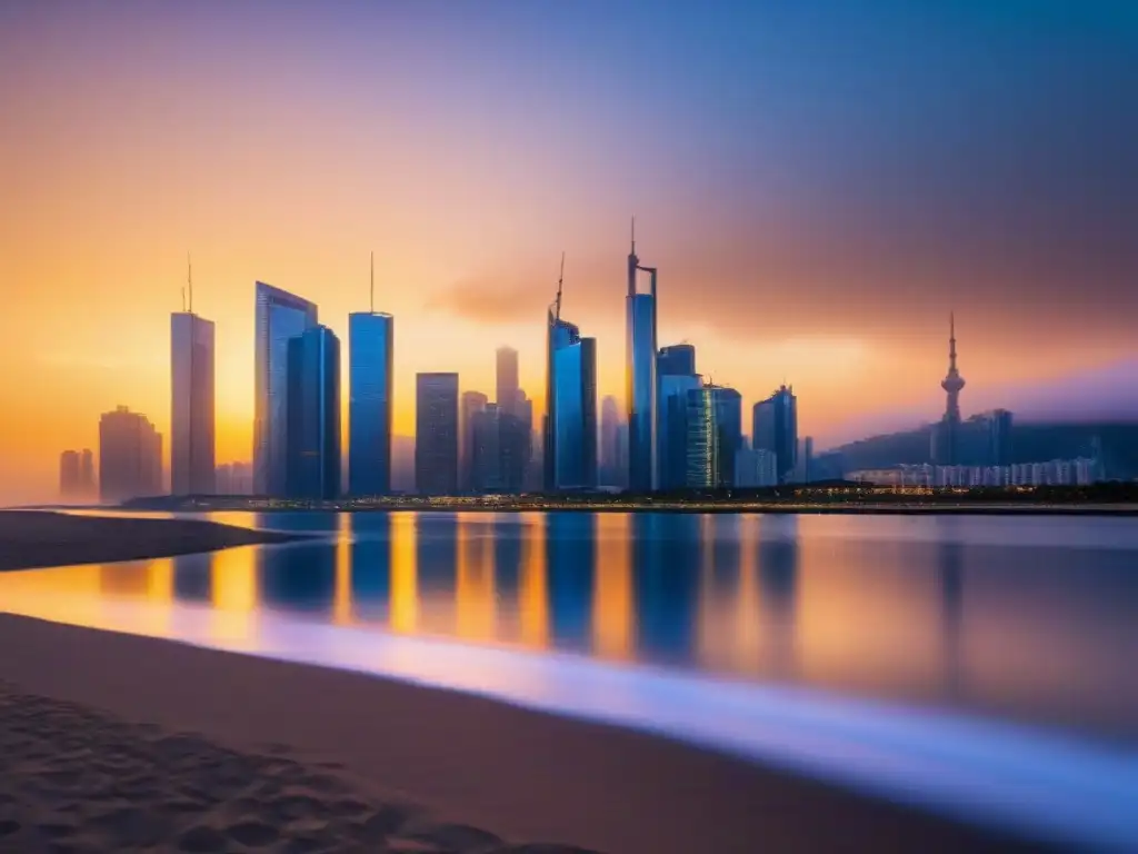 Horizonte futurista: smart contracts revolucionan el sector inmobiliario Una ciudad futurista con rascacielos relucientes reflejando el sol poniente, mostrando un paisaje urbano innovador y tecnologías avanzadas como blockchain, simbolizando el futuro de los contratos inteligentes en inmobiliaria