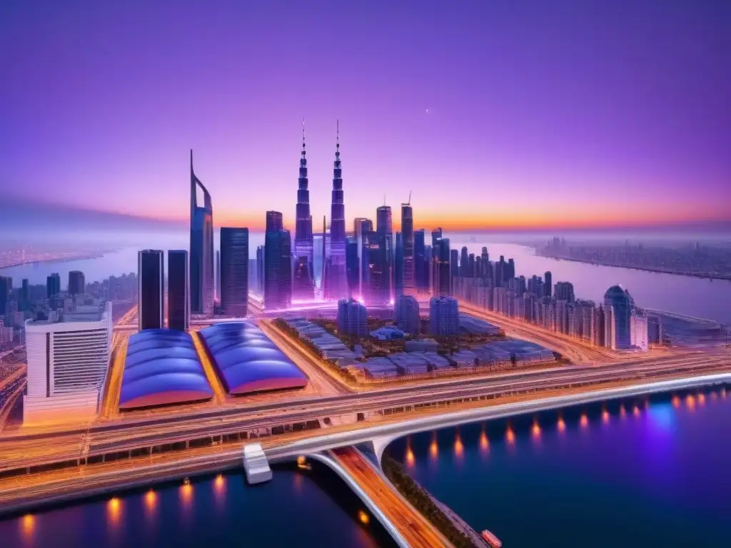 Una ciudad futurista en 8k al anochecer, con rascacielos relucientes y luces de neon