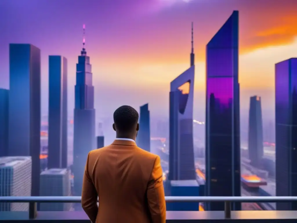 Metrópolis futurista al atardecer: innovación y desafíos económicos Una ciudad futurista al anochecer, con rascacielos relucientes y un cielo anaranjado y morado