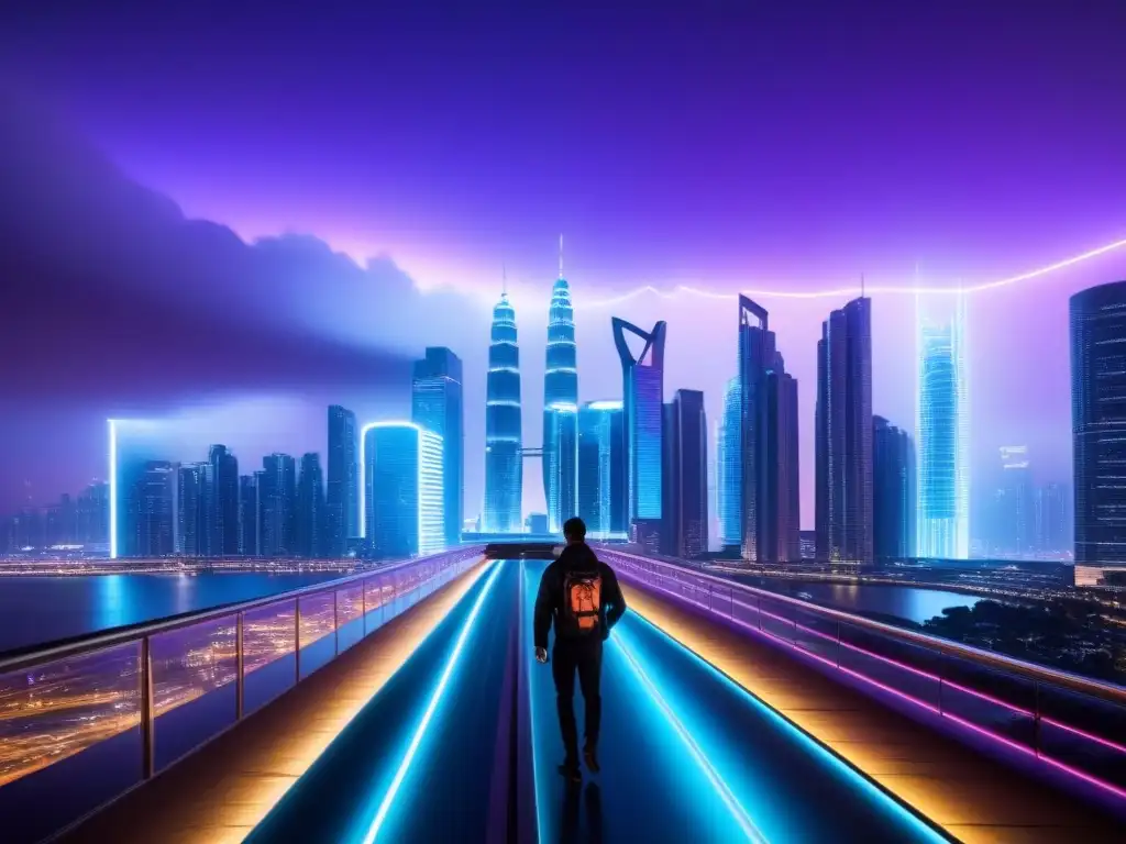 Metrópolis futurista: innovación tecnológica en la ciudad del mañana Una ciudad futurista con rascacielos relucientes bajo un cielo morado, mostrando innovación tecnológica y conexión entre edificios