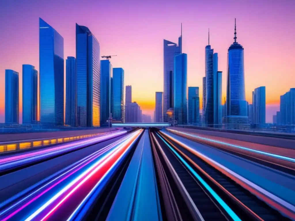 Metrópolis futurista: progreso y tecnología en inversión inmobiliaria Una ciudad futurista al anochecer, con rascacielos relucientes y trenes de alta velocidad entre ellos