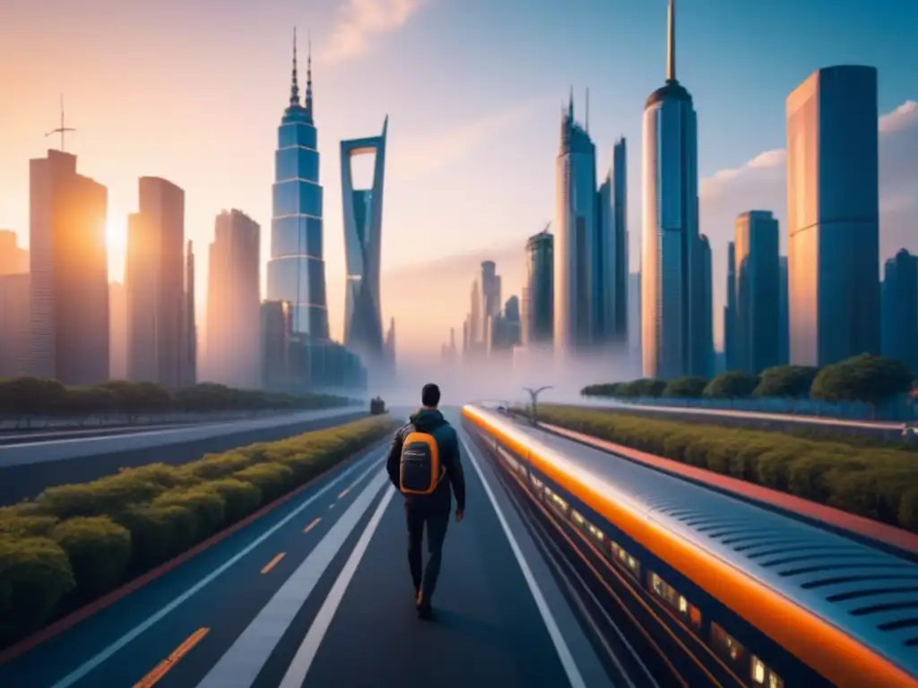 Metrópolis del futuro: ciencia ficción y sostenibilidad Una ciudad futurista con rascacielos y sistemas de transporte avanzados en una puesta de sol, muestra la fusión de innovación y eficiencia