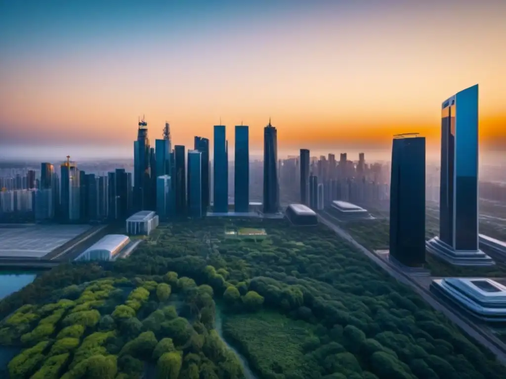 Horizonte futurista: ciudad con rascacielos dorados al atardecer Una ciudad futurista con rascacielos reflejando el sol, rodeada de vegetación y moderna infraestructura