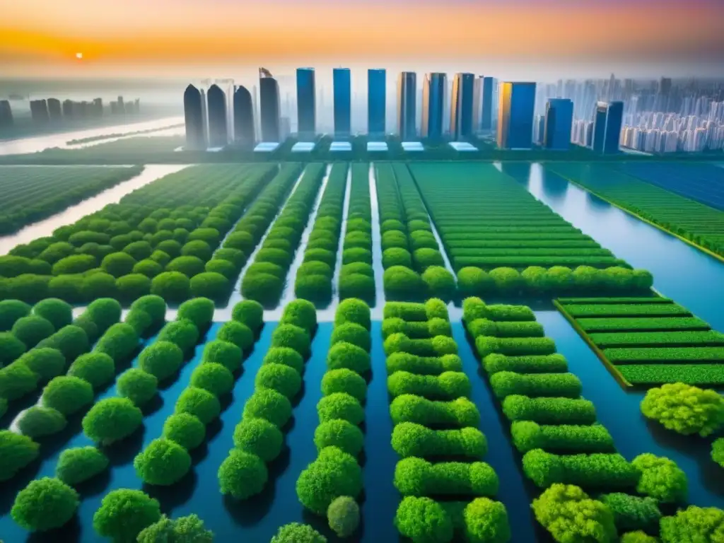Horizonte sostenible: ciudad futurista frente al cambio climático Una ciudad futurista con rascacielos sostenibles y paneles solares, en un atardecer dorado: impacto cambio climático mercado inmobiliario