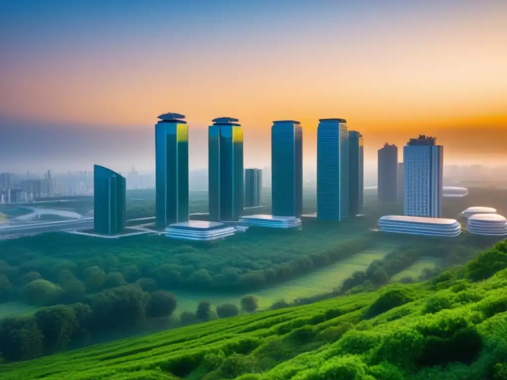 Metrópolis sostenible: rascacielos eco-friendly en atardecer vibrante Una ciudad futurista con rascacielos sostenibles bajo un atardecer vibrante, integrando principios LEED y BREEAM