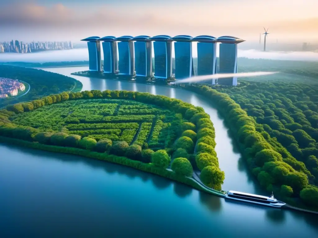 Metrópolis futurista: sostenibilidad y tecnología ecológica en armonía Una ciudad futurista con rascacielos sostenibles y espacios verdes, adaptación infraestructuras ciudades cambio climático