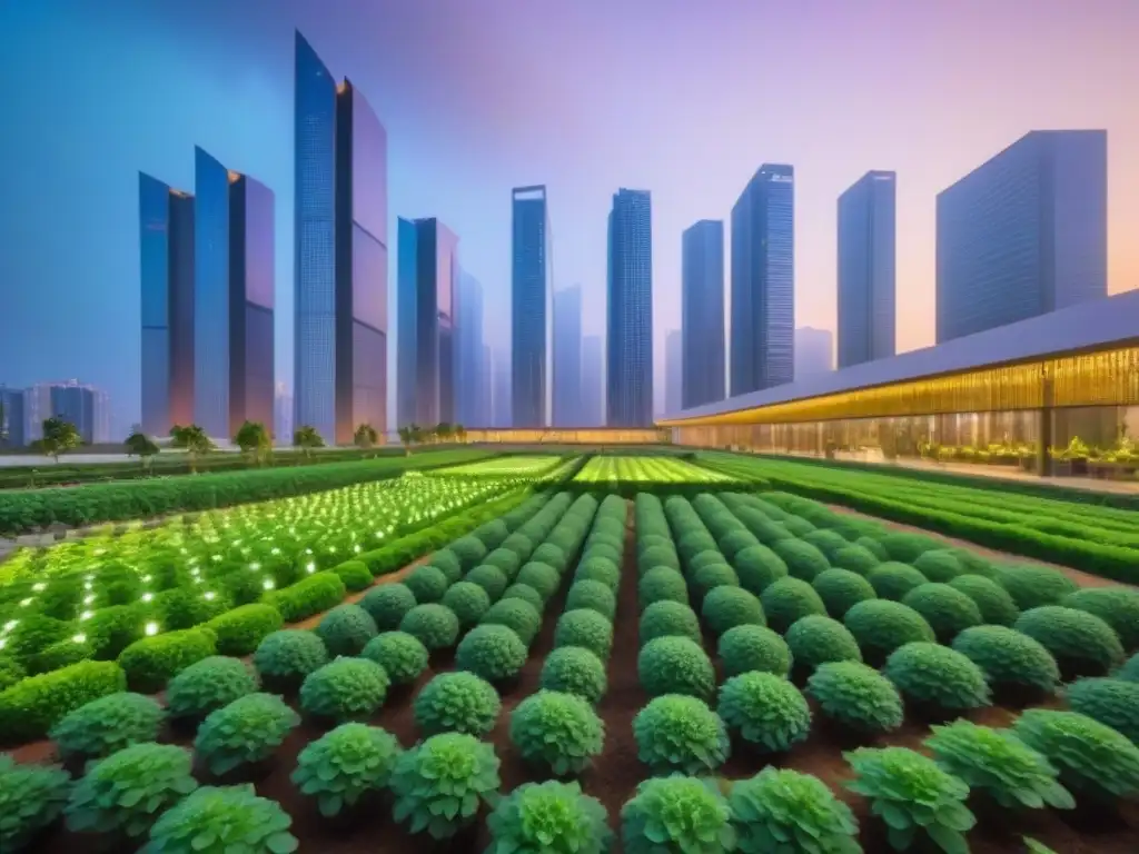 Metrópolis futurista: arquitectura sostenible y tecnológica Una ciudad futurista con rascacielos sostenibles, jardines verticales y paneles solares, iluminada por patrones inspirados en blockchain