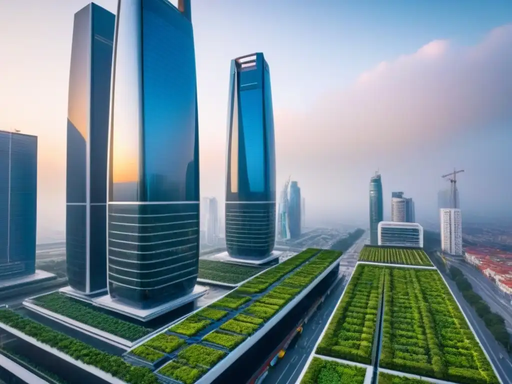 Metrópolis futurista: rascacielos sostenibles y tecnología verde Una ciudad futurista con rascacielos sostenibles iluminados, jardines verticales y paneles solares