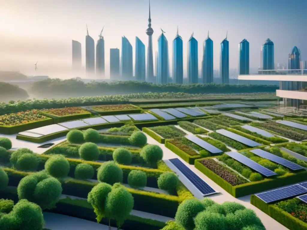 Metrópolis sostenible del futuro: skyline innovador y vibrante Una ciudad futurista con rascacielos sostenibles y gente diversa en las calles