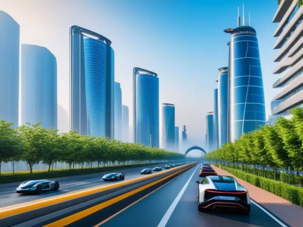 Metrópolis futurista: rascacielos sostenibles y vida urbana ecoamigable Una ciudad futurista con rascacielos sostenibles, vehículos eléctricos y personas bajo un cielo azul